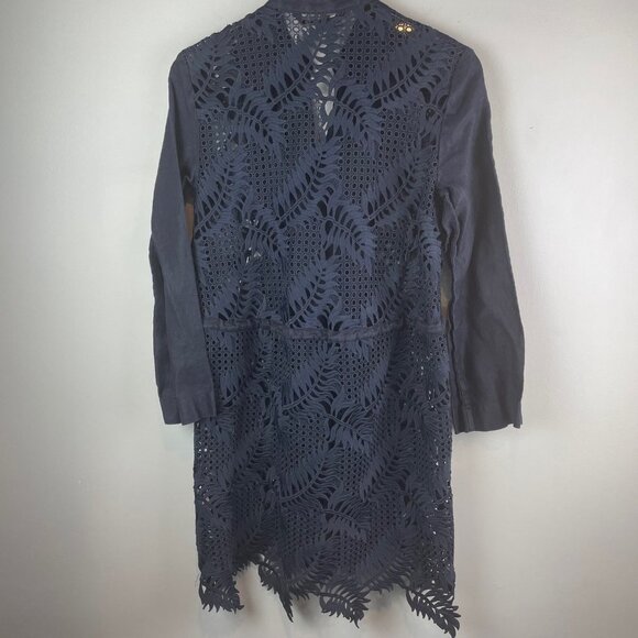 Zara Navy Linen Crochet Leaf Fern Eyelet Lace Tunic Size S - Picture 6 of 6